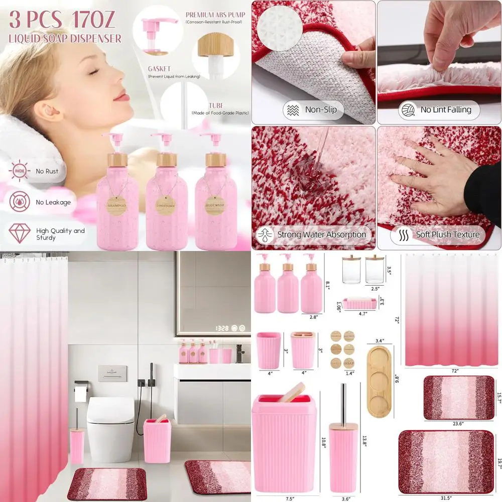 

Pink Bathroom Accessory Set: Shower Curtain, Rugs, 3-Piece Dispenser, 6-Piece Wooden Bath Set with Tray