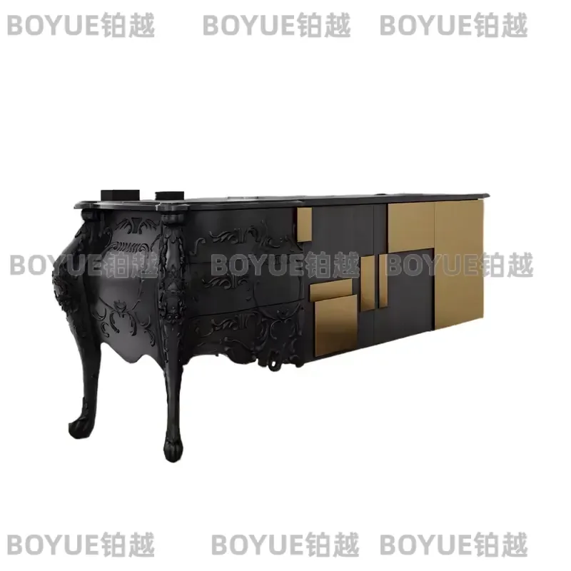 Modern Solid Wood Sideboard Retro Carved Living Room Storage Cabinet Stainless Steel Accent Console Table for Entryway