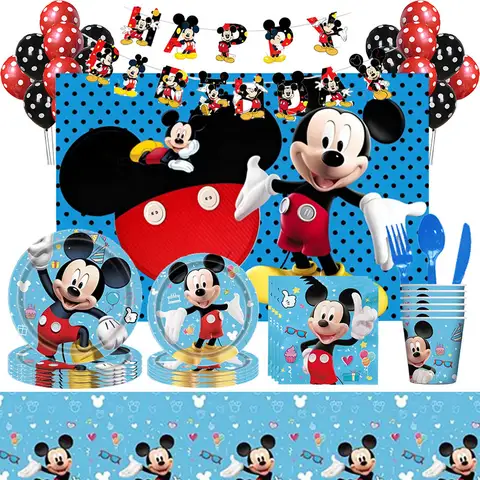 미키 마우스 생일 장식 파란색 식기 냅킨 접시 컵 안경 생일 축하 2 번째 미키 마우스 식탁보 파티 소년