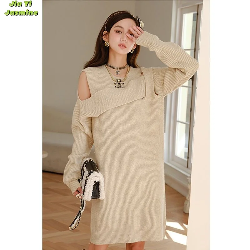 

Women's Autumn and Winter French Romantic Pure Desire Knitted High-end Retro Sexy Off Shoulder Slimming Dress