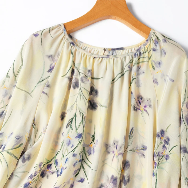 Women Silk Blouse 100% Mulberry Silk Loose Type Light Yellow Floral Printed Pullover Top Shirt Plus Size M1158