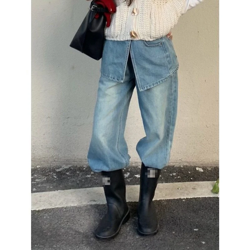 

Стильные женские джинсы с высокой талией и прямыми штанинами, повседневные брюки из синего денима, съемные, утягивающие, длинные