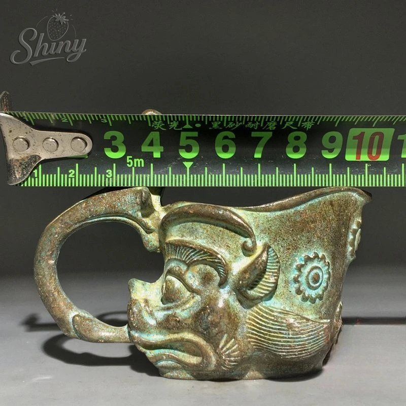 Vintage Chinese Auspicious Beast Wine Cup Archaistic Animal Head Ritual Goblet with Handle for Home Decor Collection