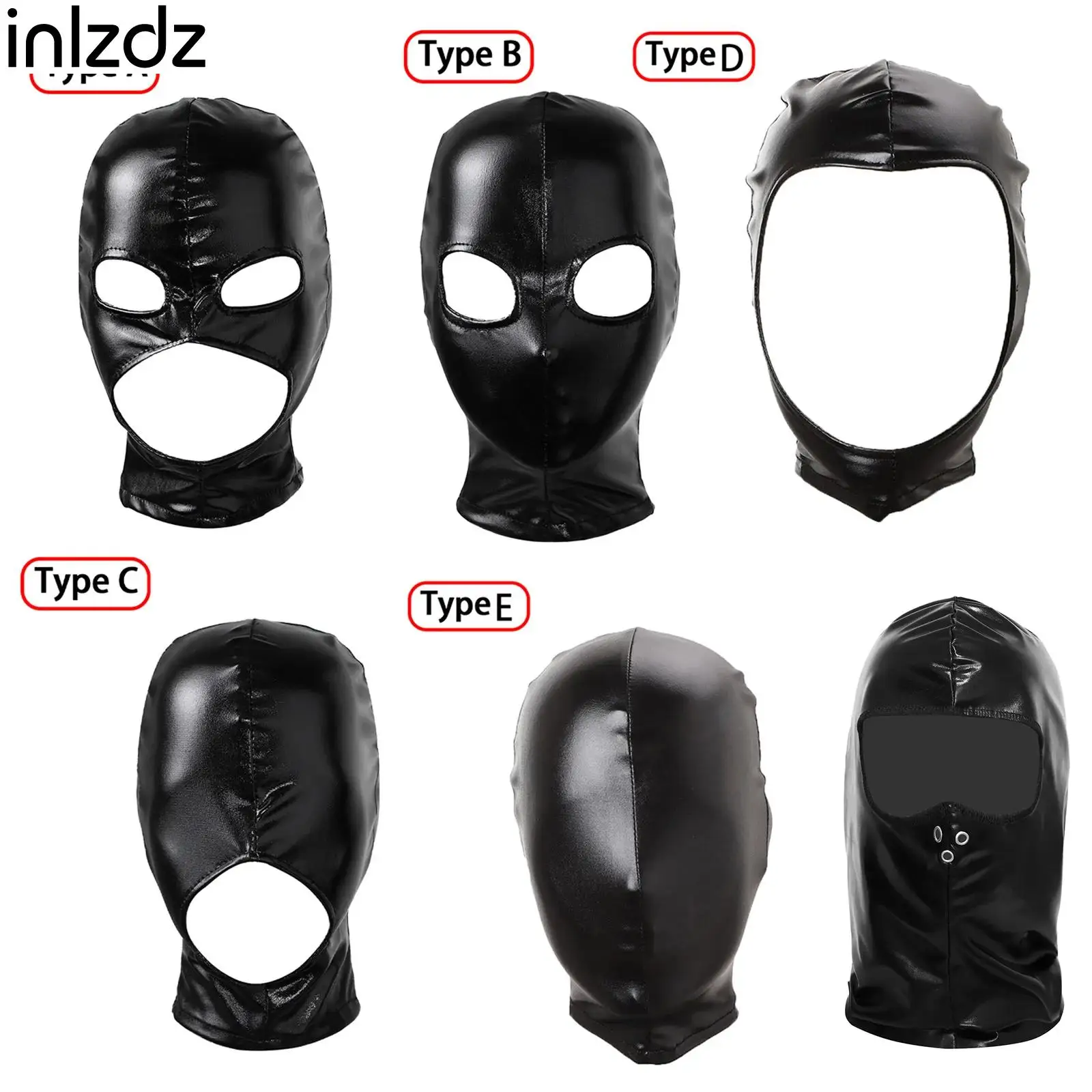 

Womens Mens Cosplay Face Hood Mask Sexy PU Leather Latex Head Mask Full Cover Open Eyes Mouth Nose Bondage Balaclava Headgear