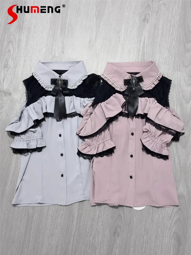 2025 Summer Pearl Collar Off-the-shoulder Short-sleeved Shirt Japanese SC Sweet And Cute Single-breasted Blouse Women's Clothing