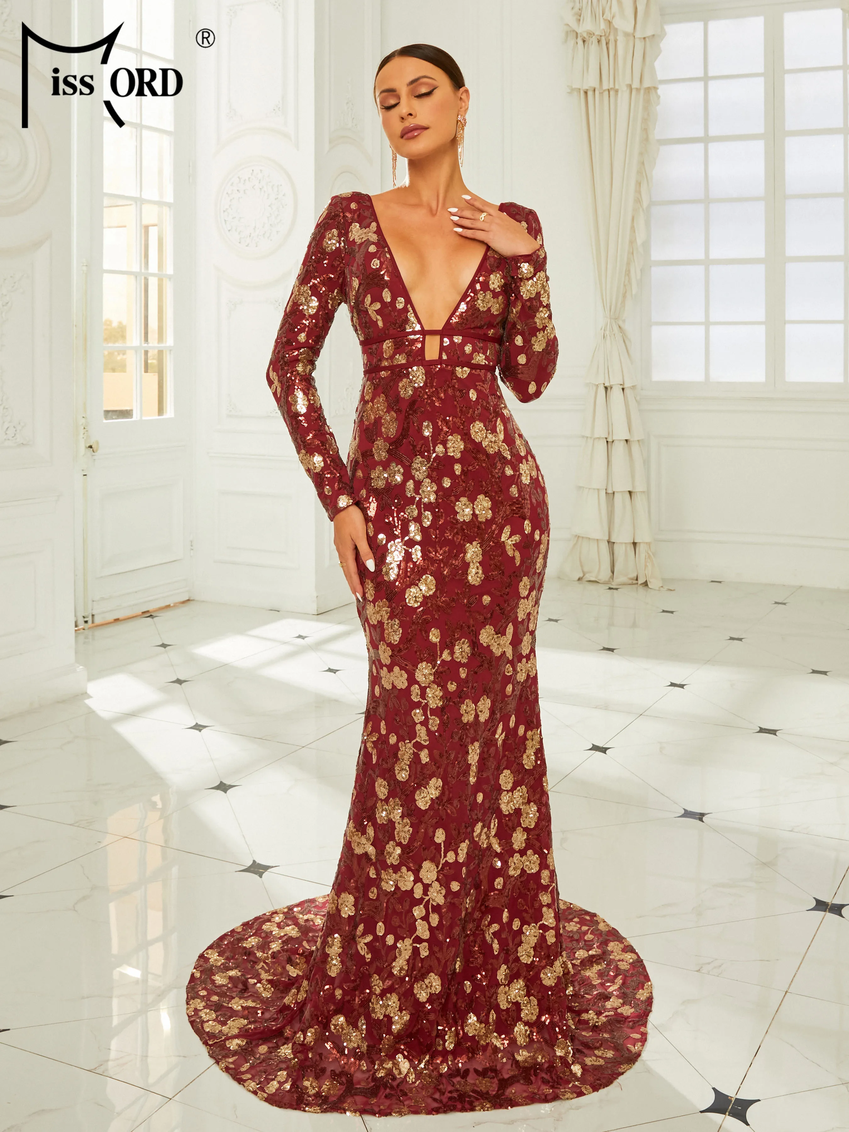 Missord 2024 Wine Floral Sequin Evening Dress Elegant Women Long Sleeve V Neck Bodycon Maxi Mermaid Party Prom Dresses Gown