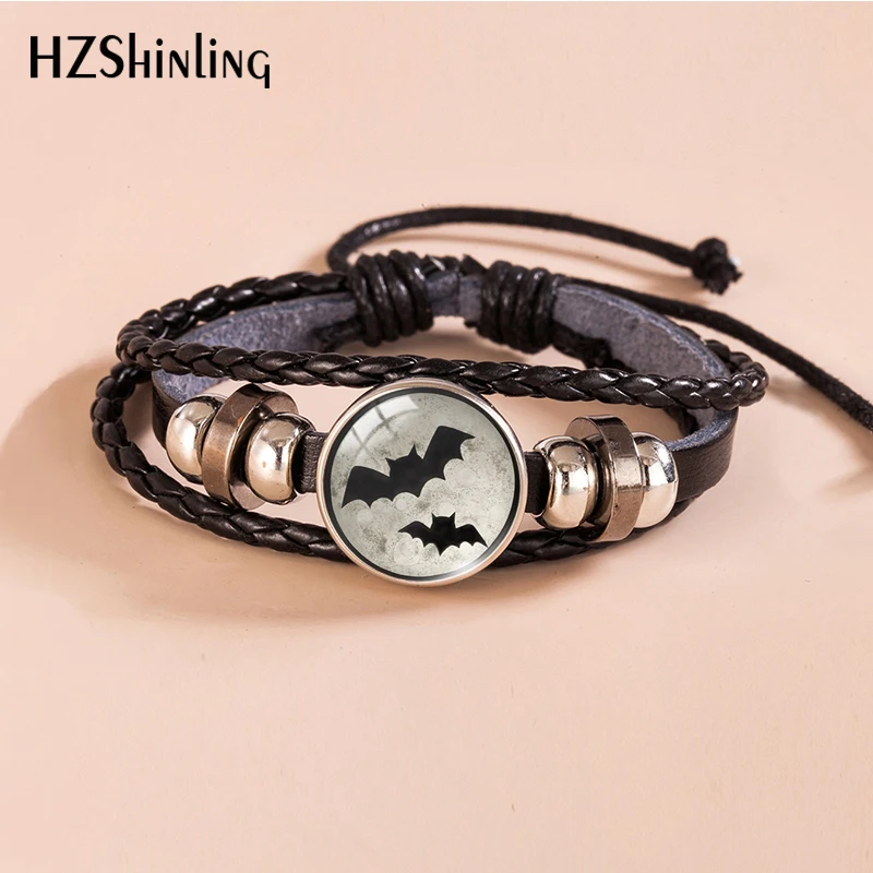 Happy Halloween Bat Moon Ghost House Snap Bracelet Glass Cabochon Leather Bracelets Lace up Adjustable Button Bracelet for Men