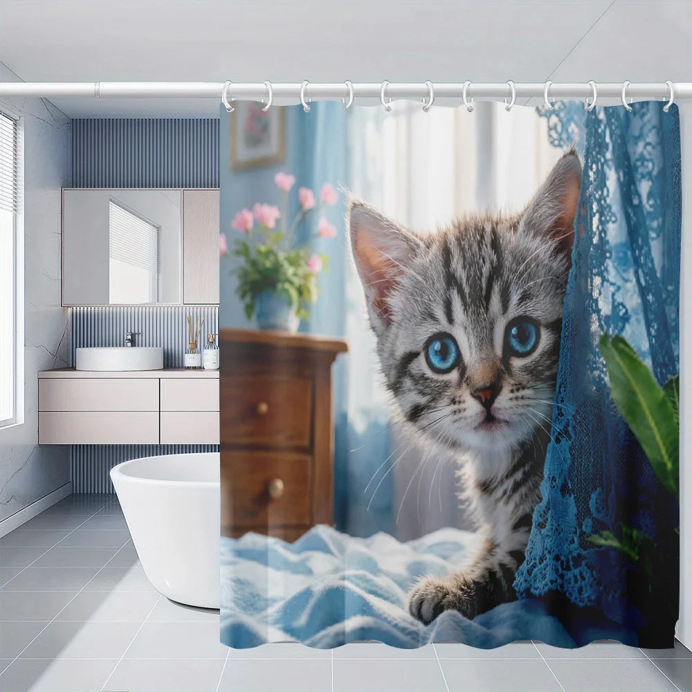 

Cute Blue Eyes Kitten Bathroom Shower Curtain Waterproof Mesh Design for Kids Home Decor