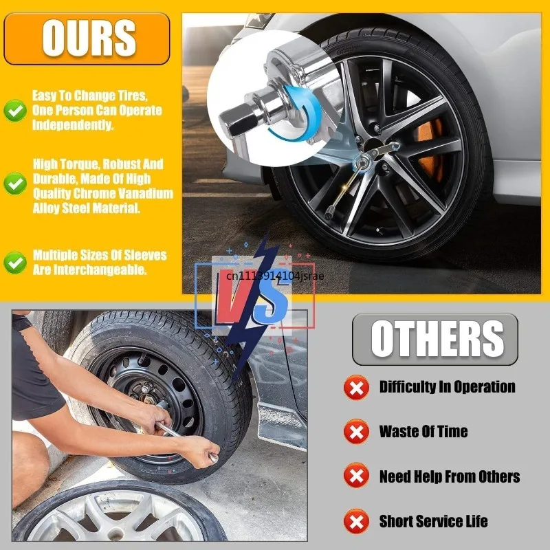 5Pcs High Torque Labor‑Saving Tire Wrench Kit Interchangeable Socket Heads Car Lug Nut Remover Auto Repair Tool