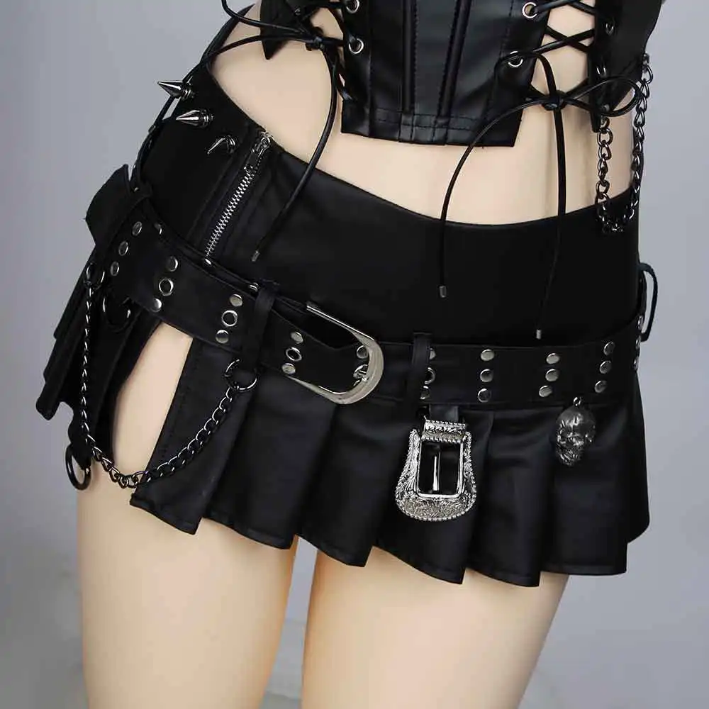 Goth E-Girls Punk Rock Festival Y2K Vegan Leather Teen Harajuku Gothic Skirts Grunge DIY Digital Rave Outfits Emo Spike Studded