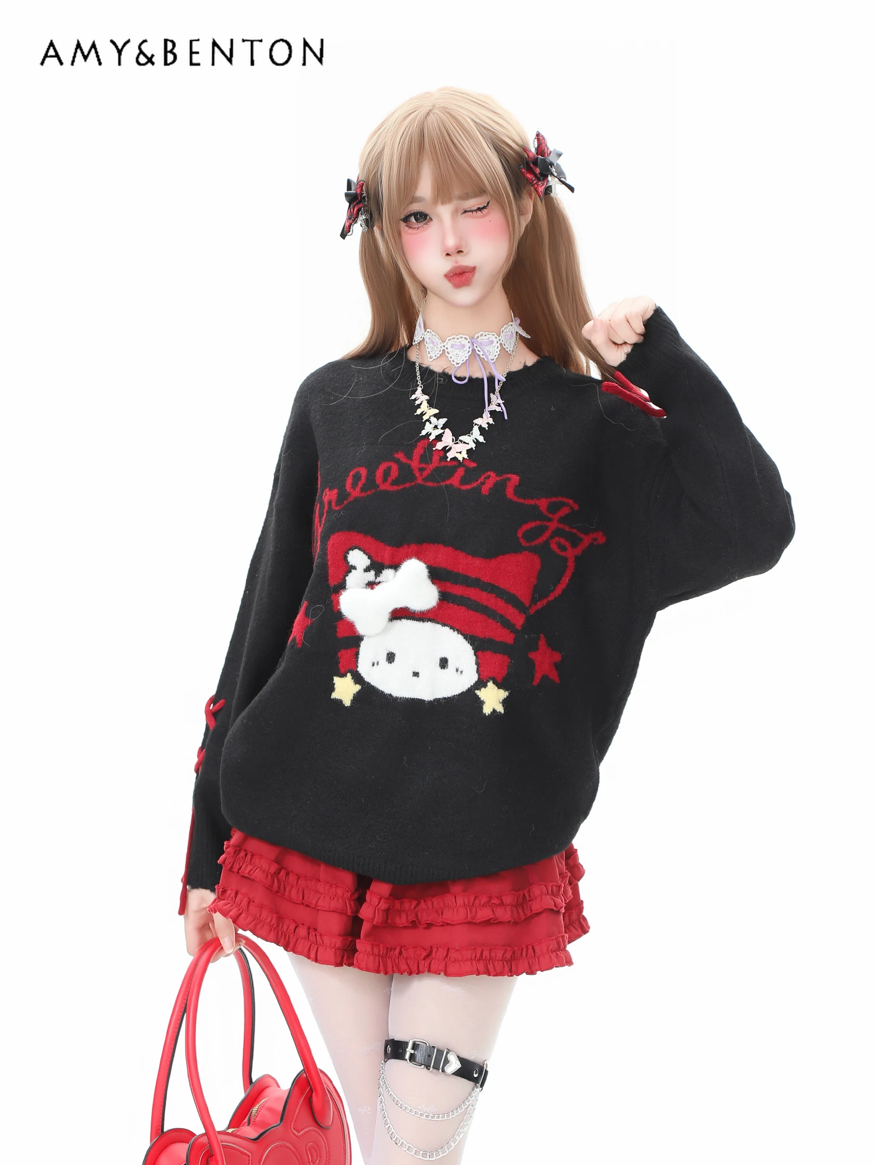 

Autumn Winter New Sweet Cartoon Jacquard Round Neck Yellow Knitted Sweater for Women Loose Casual Slimming Soft Black Sweater