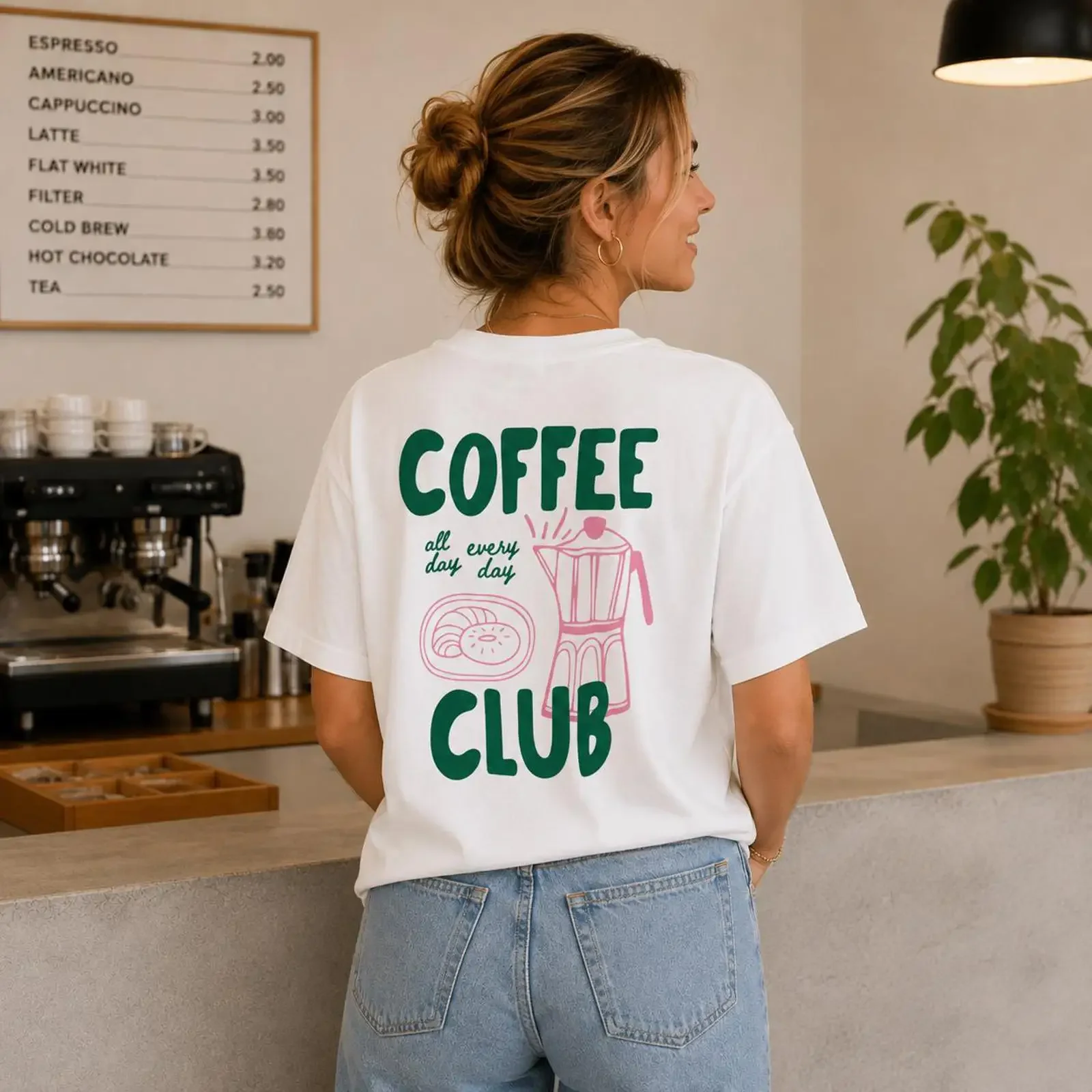 Coffee Club All Day Every Moka Pot Pastry White  T shirt for Lovers vintage Washed Stylish streetwear Soft Slightly Casual