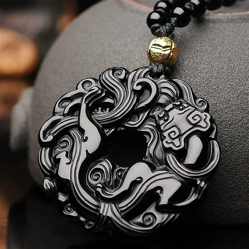 Natural Black Obsidian Tiger Pendant Beads Necklace Fashion Charm Jewellery Hand-Carved Lucky Amulet Gifts for Her Women Men