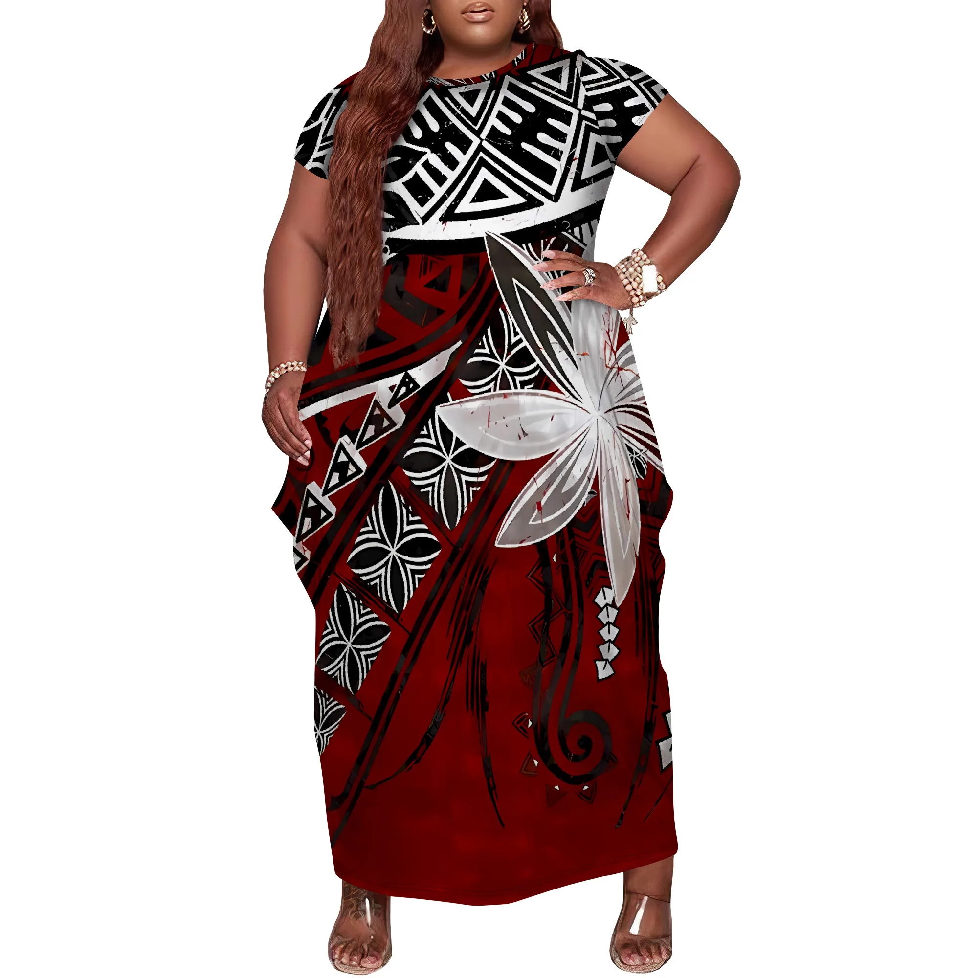 Nupusa Tribal พิมพ์ชุดผู้หญิง PLUS ขนาดฤดูร้อนลําลองลูกเรือคอแขนสั้น Maxi Dress