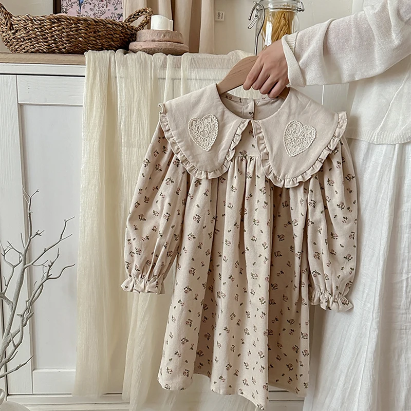 

Весна 2024, детское платье принцессы с длинными рукавами и цветочным принтом для маленьких девочек, осеннее платье с кукольным воротником для маленьких девочек, детская одежда, платье ﻿