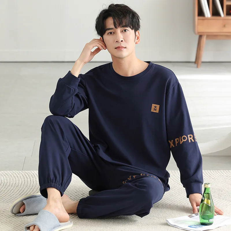 High Quality Pajamas Suit Men Autumn Winter 100% Pure  Cotton Pullover Sleepwear Male Spring Plus Size Loungewear Set Gentlemen