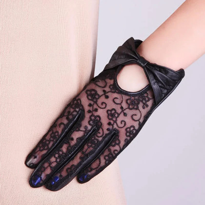 Leather Genuine Lace Short Thin Gloves for Women 2024 Summer New Bow Anti-UV Pure Mittens Mujer Black/Brown Luvas