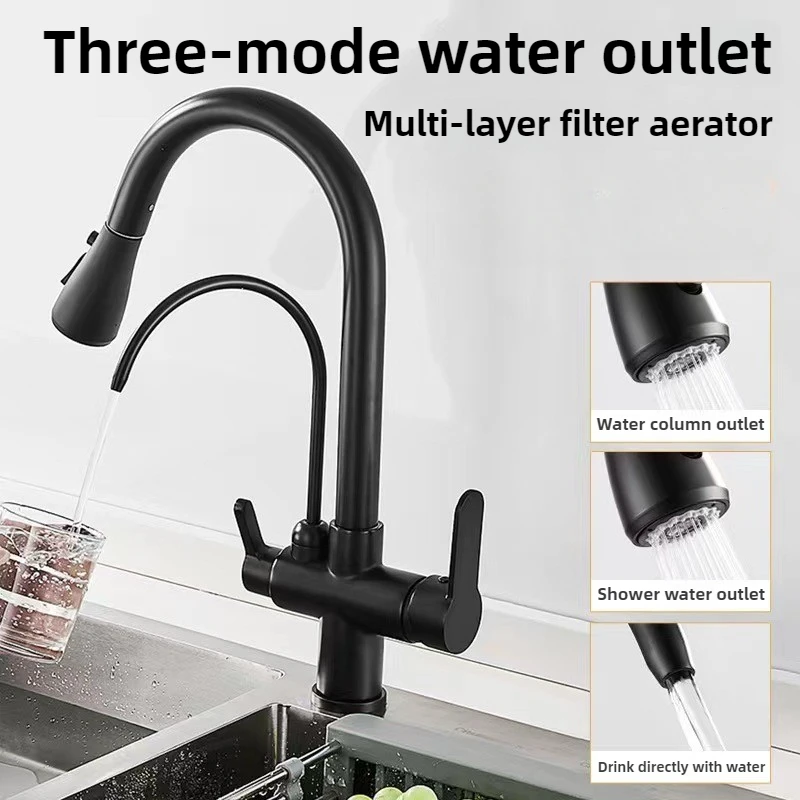 Commercial Kitchen Faucet with Dual Function Pull Down Sprayer, 3 in 1 Water Filter Purifier Faucet, Mixing Faucet with Hoses