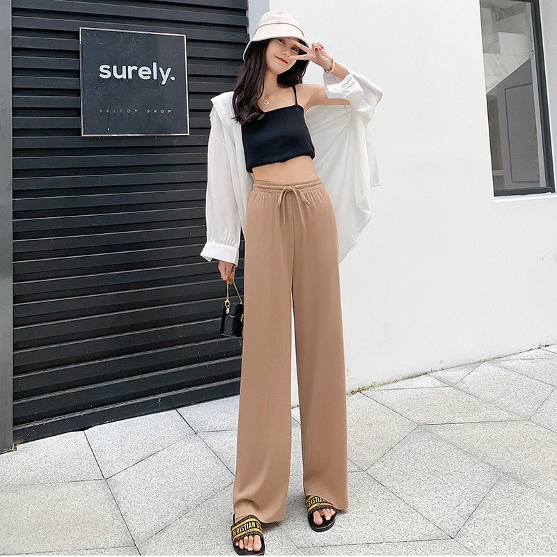 Women's Ice Silk Wide Leg Pants High Waist Drawstring Casual Trousers Lightweight Elastic Waist Loose Solid Color Summer Pants