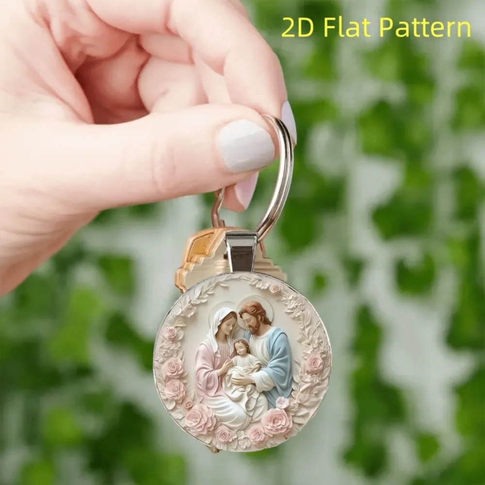 2D Flat Holy Family Keychain Favors Jesus Mary Joseph Key Ring Baptism/First Communion Souvenirs with Organza Bags & Thanks Tags view 3