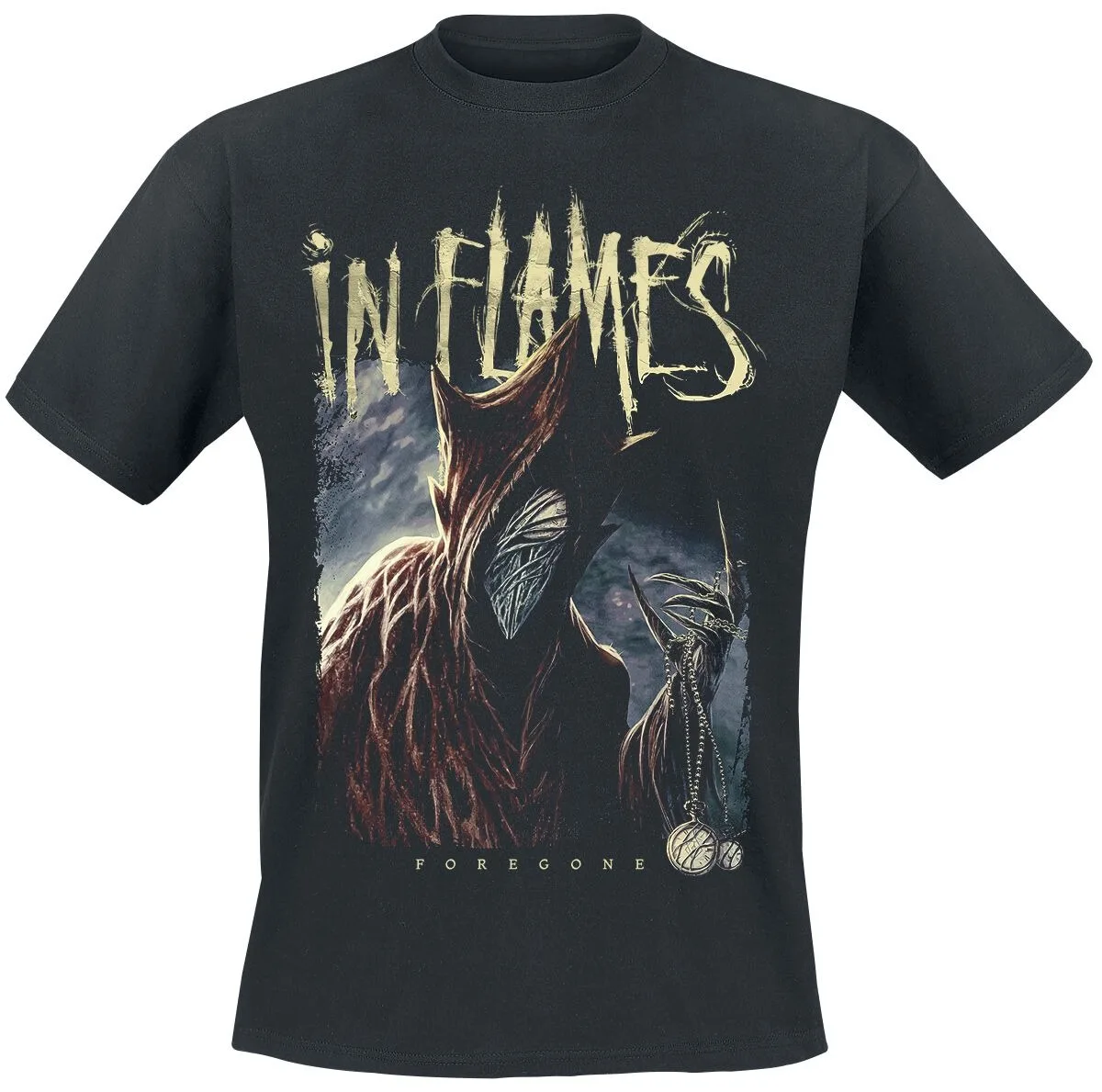 In Flames Gothic Demon Graphic Tee, Black Metal Shirt with Occult Star & Eyes Print for Fans