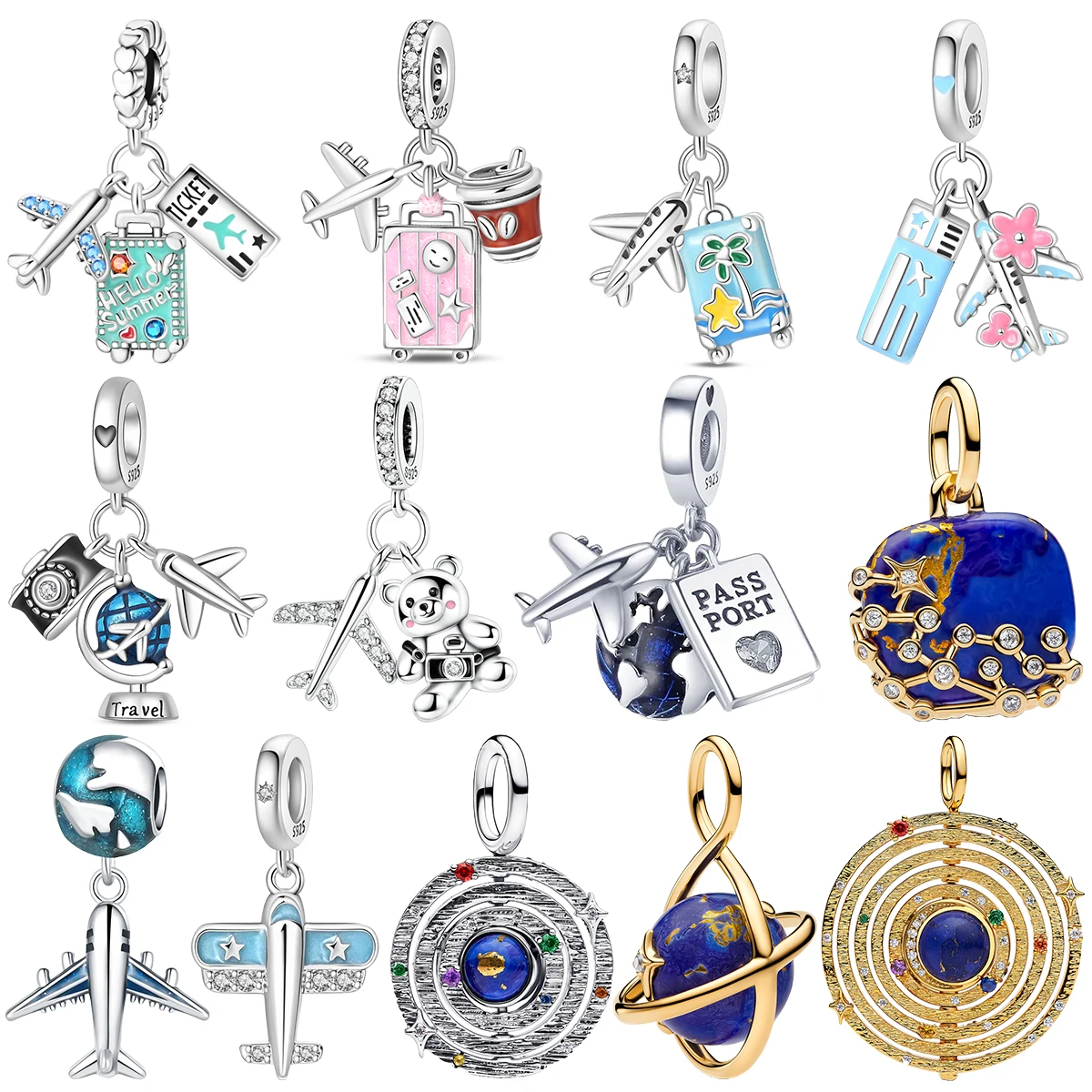 925 Sterling Silver Airplane Suitcase Passport Globe Travel Planet Charms Beads Pendent Fit Bracelet Necklace DIY Jewelry Gift