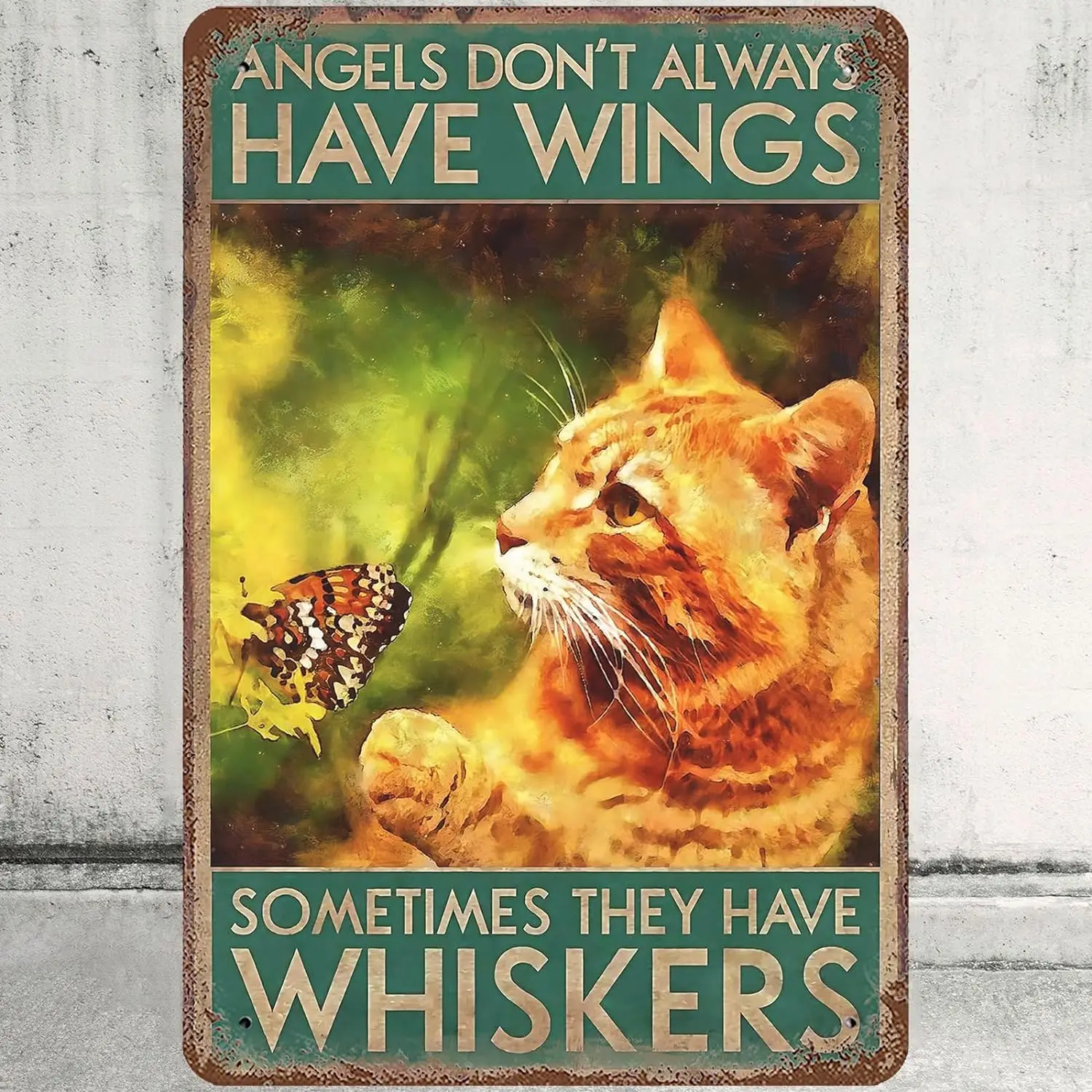 Metal Tin Sign 8x12 Inches, Funny Cat Wall Decor Beware Of Cat Wreath Angel Animal Orange Tabby Cat Tin Signs Poster for Home Li