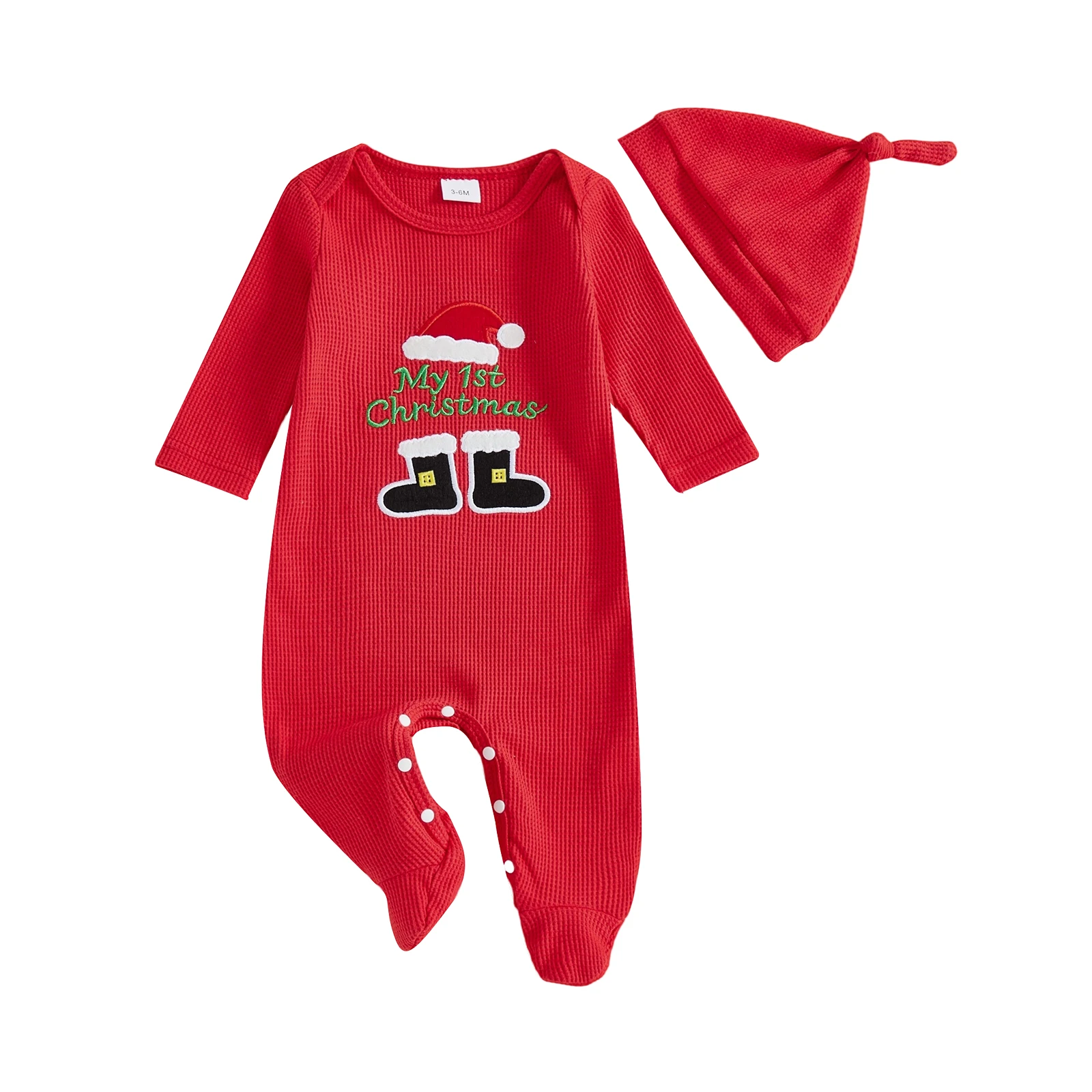 

Рождественский комбинезон для новорожденных, шляпа с буквенным принтом и вышивкой, комбинезон с длинными рукавами и круглым вырезом на ножках, комплект шляп