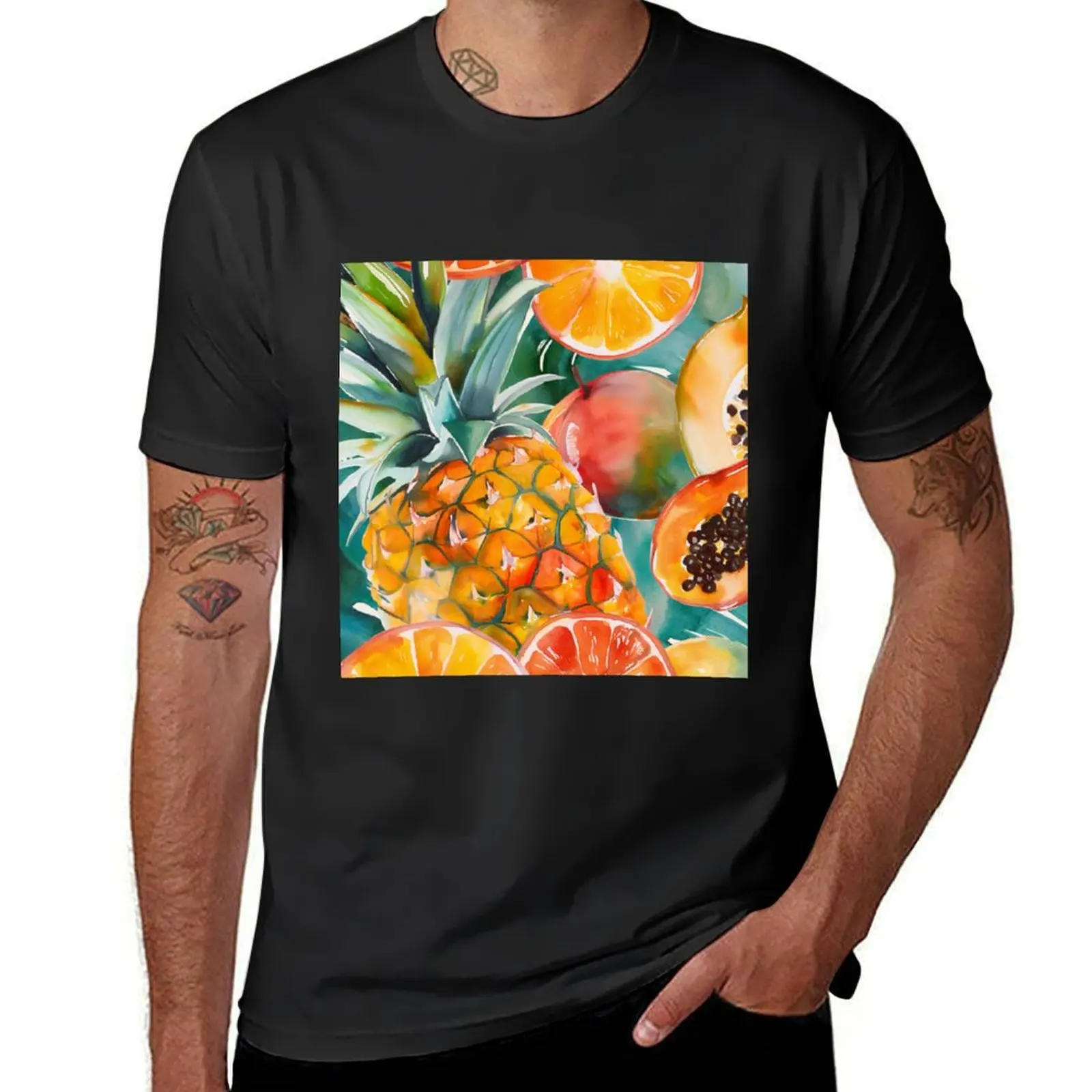 

Tropical Fruit Paradise Watercolor Pattern - Juicy Pineapples, Mangoes & Papayas T-shirt new edition Men's cotton t-shirt