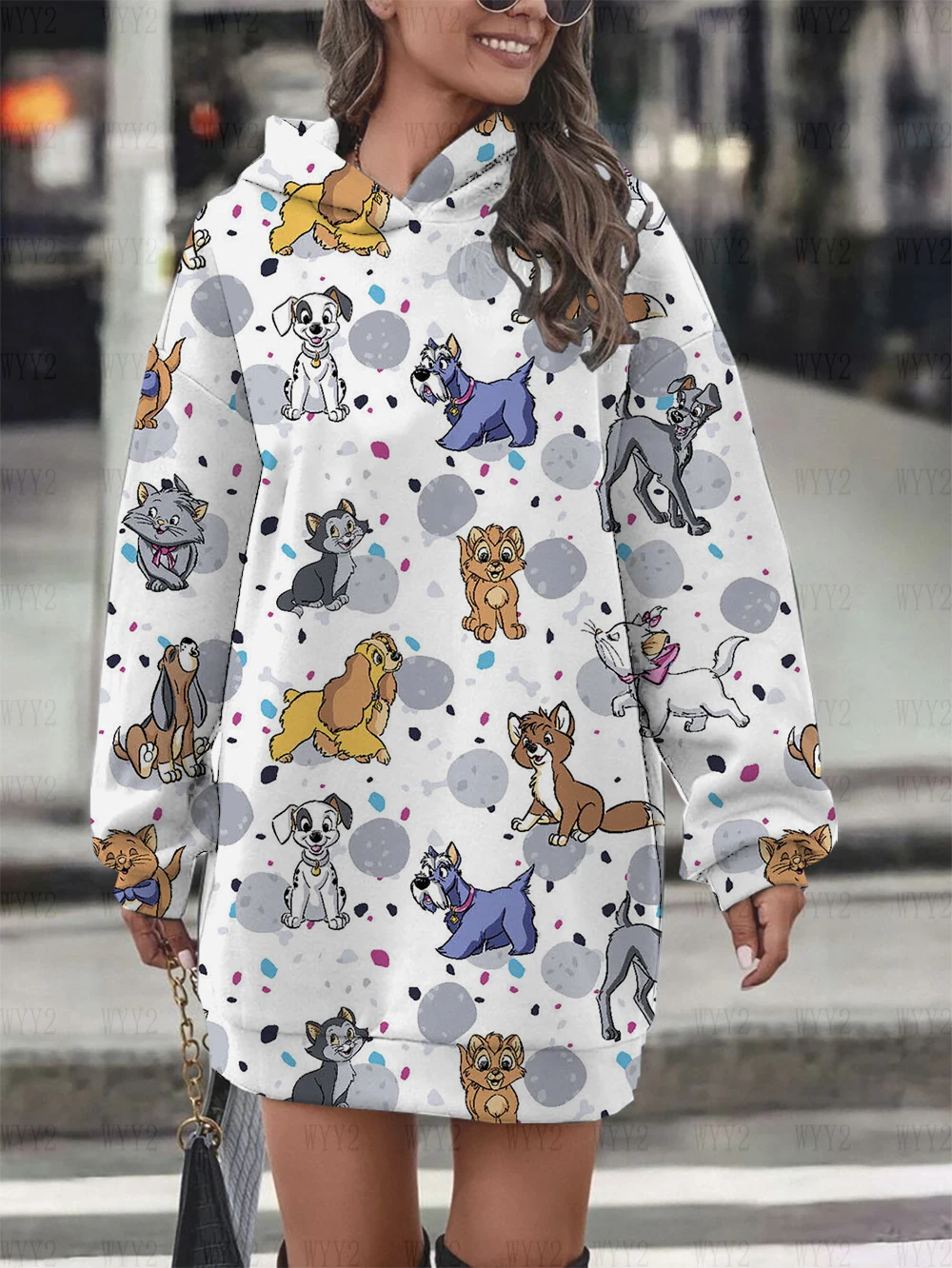 New Women\'s Hoodie Sweater Dress Disney Marie Cat Print Hooded Long Sleeve Dress Fashion Street Style Winter Clothing