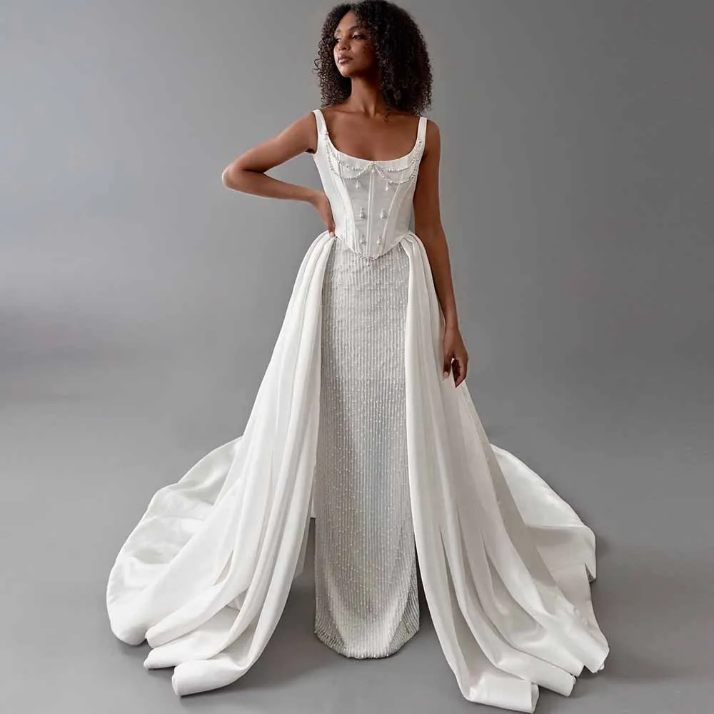 

Роскошные женские платья 2025, свадебное атласное платье-футляр/колонна, свадебные платья, белое свадебное платье с квадратным вырезом и жемчугом, кружевное свадебное платье с хвостом