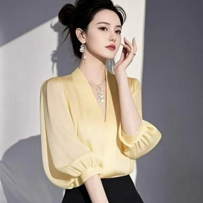 

Винтажные женские блузки из шифона, модные летние рубашки с V-образным вырезом, корейская одежда, короткий рукав, желтые женские топы