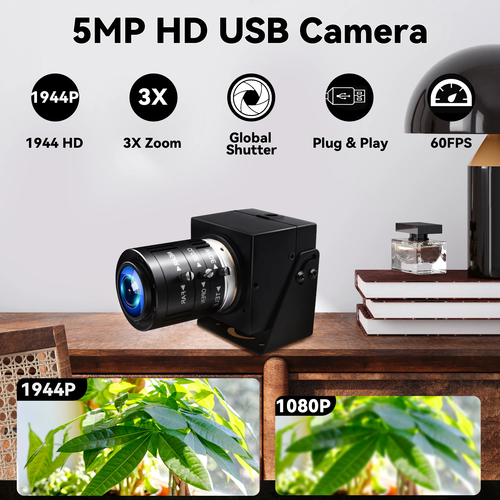 ELP 5MP USB Camera 1944P 50fps Global Shutter High Speed USB Camera, 3X Optical Zoom Wecam with 3.6-10mm Lens for PC,Pi,Laptop
