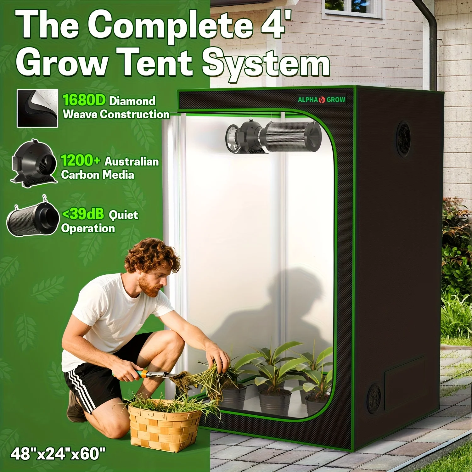 ALPHAGROW 4X4 Grow Tent Package With Quiet Inline Fan, 4