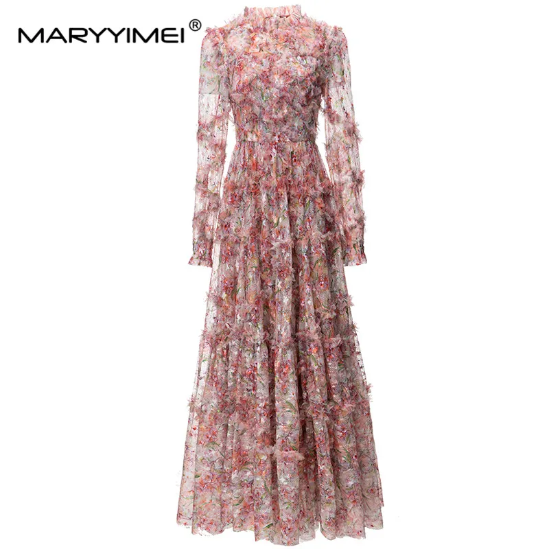 

MARYYIMEI New Fashion Runway Dress Women's Round Collar Sheer Long Sleeves Mesh Flower Print Fungus Edge Patchwork Tiered Dress