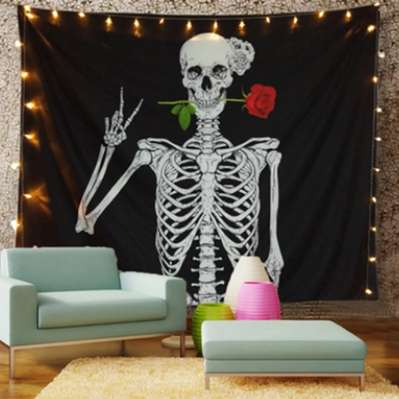 Skull Printing Tapestry Colorful Floral Flower Human Skeleton Wall Hanging Tapestries for Bedroom Living Room Dining Room x A0KC
