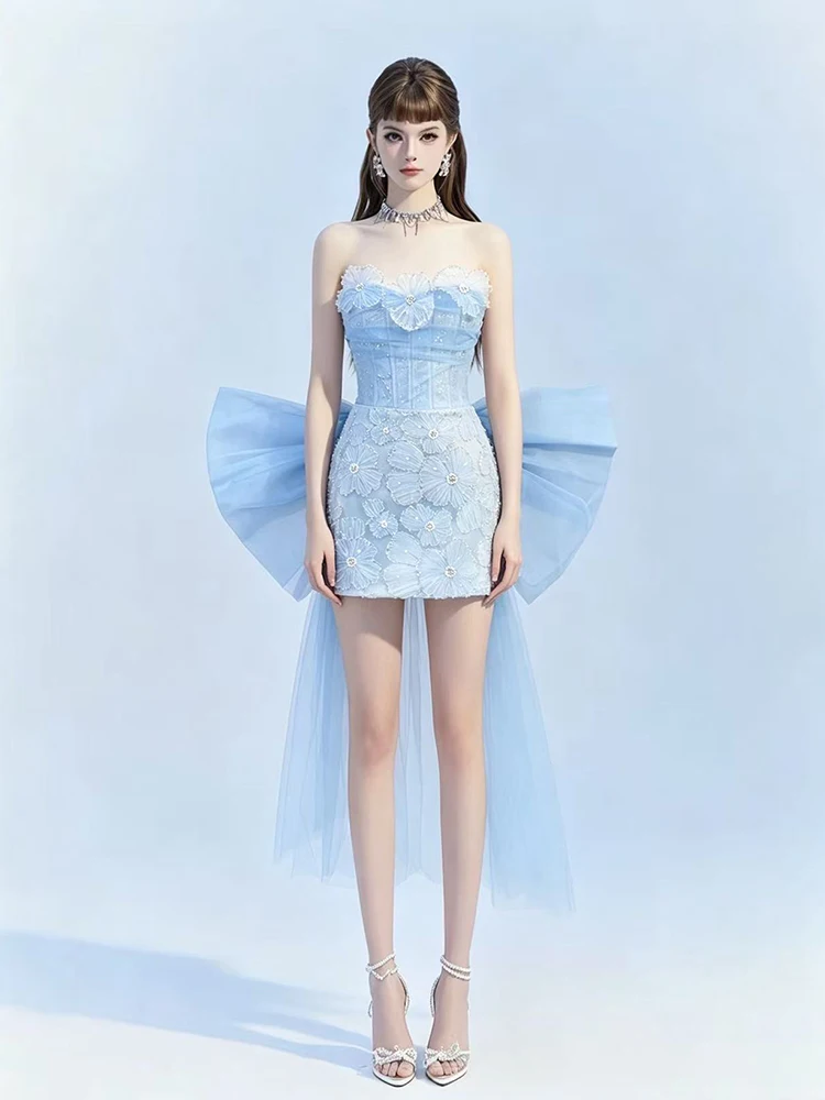 Sexy Strapless 3D Flowers Embroidered Mini Dress With Bow Women Sleeveless Backless Floral Beaded Mini Dresses Evening Birthday
