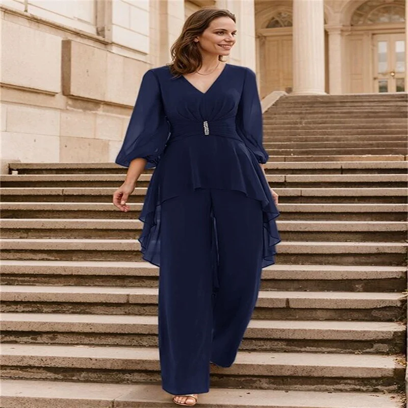 

Mother Of The Bride Groom 2 Piece Pant Suit Dark Navy Chiffon Beach Wedding Mothers Dress Long Sleeves Beads Formal Evening Wear