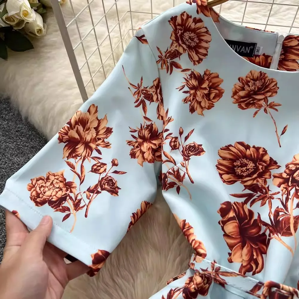 Damska codzienna sukienka w kwiaty w stylu boho na imprezę, elegancka letnia sukienka z krótkim rękawem, sznurowana w talii, długa sukienka, elegancka koszulowa sukienka damska.