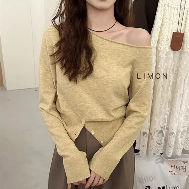 

Casual Lanted Shoulder Long-sleeved Women Comfortable Soft Versatile Top Ropa Mujer Pullover Basic Roupas Feminina Camisetas