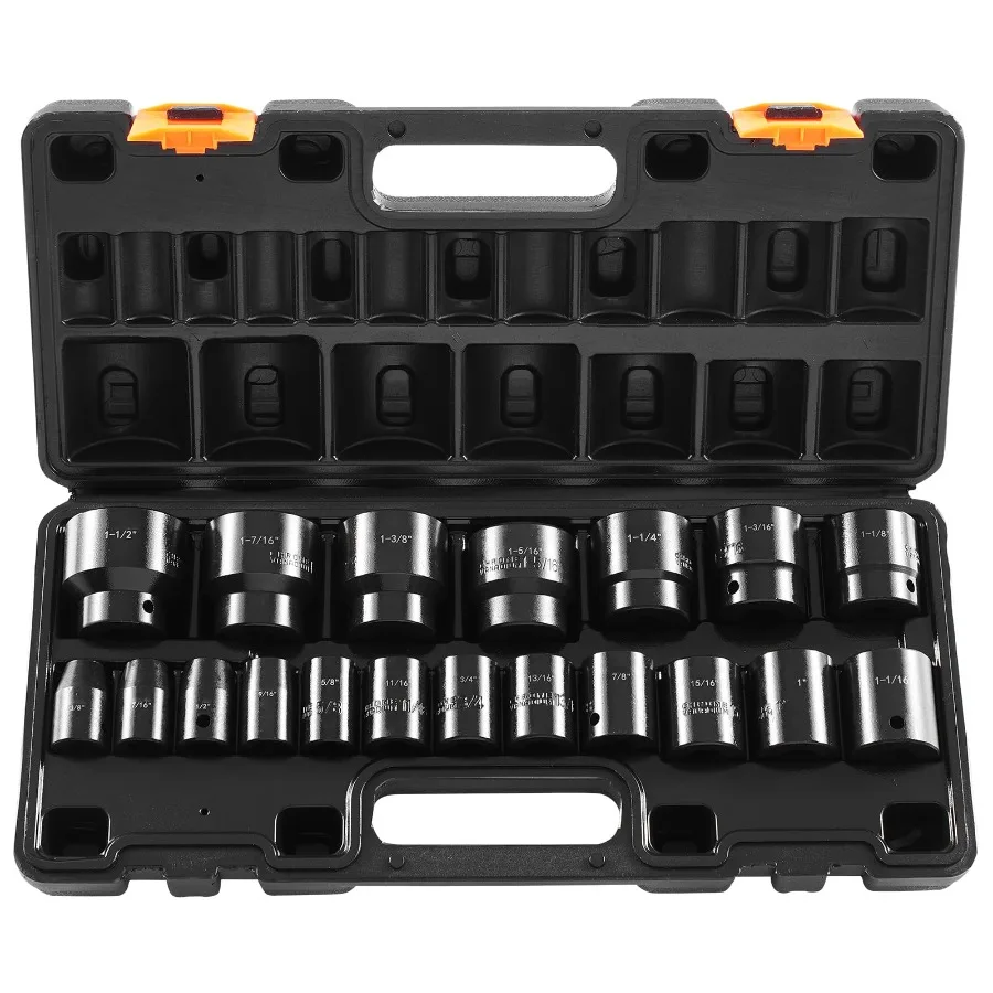 

19-Piece 1/2-Inch Drive Impact Socket Set in Black Oxide Finish, SAE Sizes 3/8 to 1-1/2 Inches, 6-Point Hex Design for High-Tor