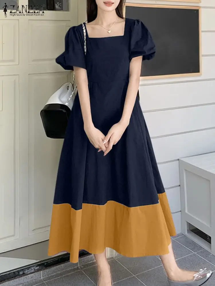 ZANZEA Summer Women Square Neck Dress Patchwork Sundress Fashion A Line Holiday Party Midi Dresses Elegant Puff Sleeve Vestidos