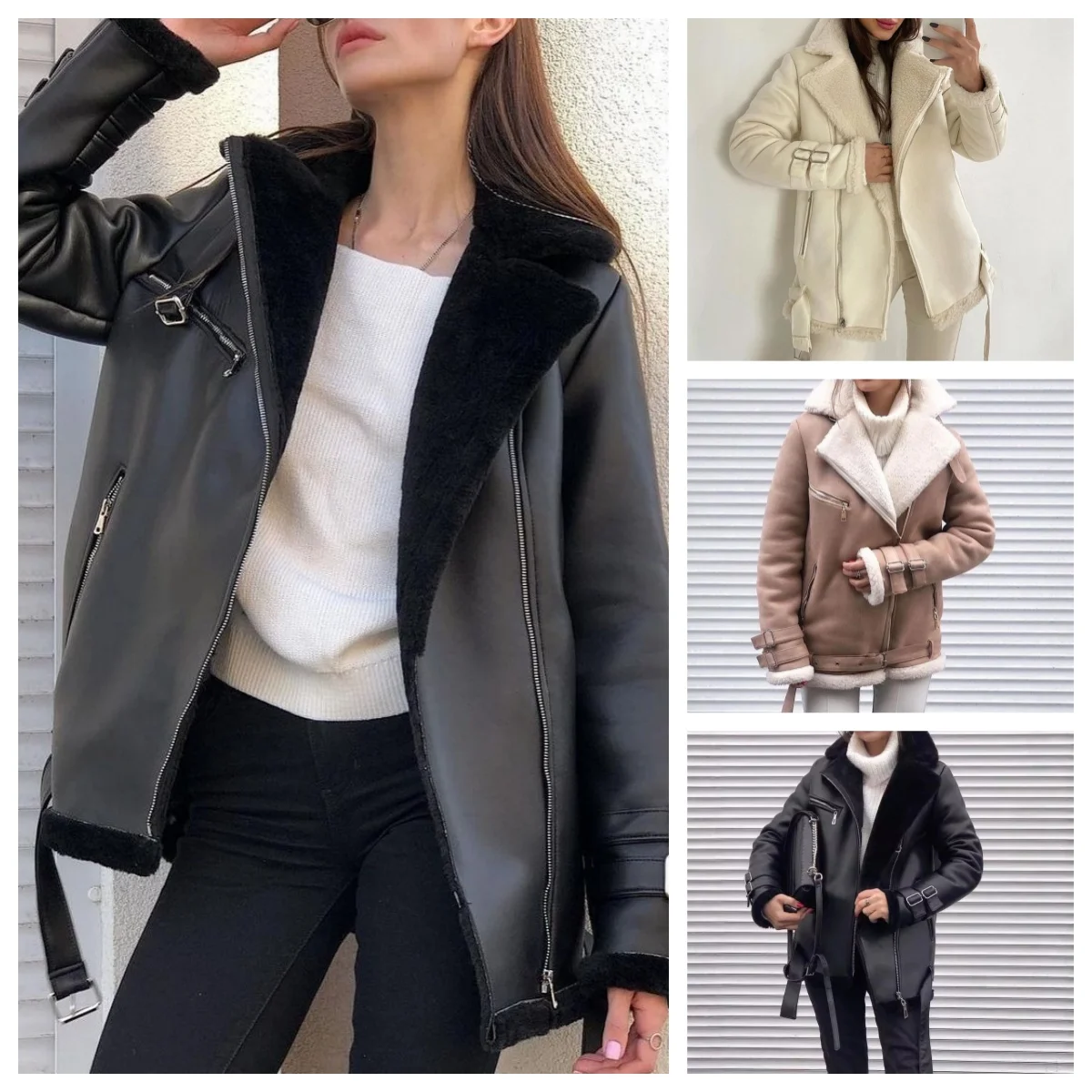 Winter Women Thick PU Leather Warm Suede Lamb Jacket Motorcycle Coats Faux Shearling Biker Sheepskin Leather Jackets Outwear