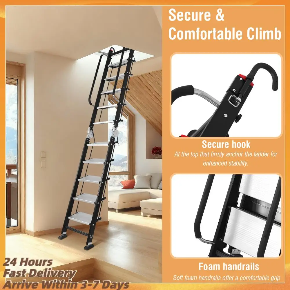 

Портативная складная лестница-стремянка для чердака 9,5 футов, 10 ступеней, из алюминиевого сплава, с поручнями, противоскользящая, для автодомов, домов, общежитий, чердаков