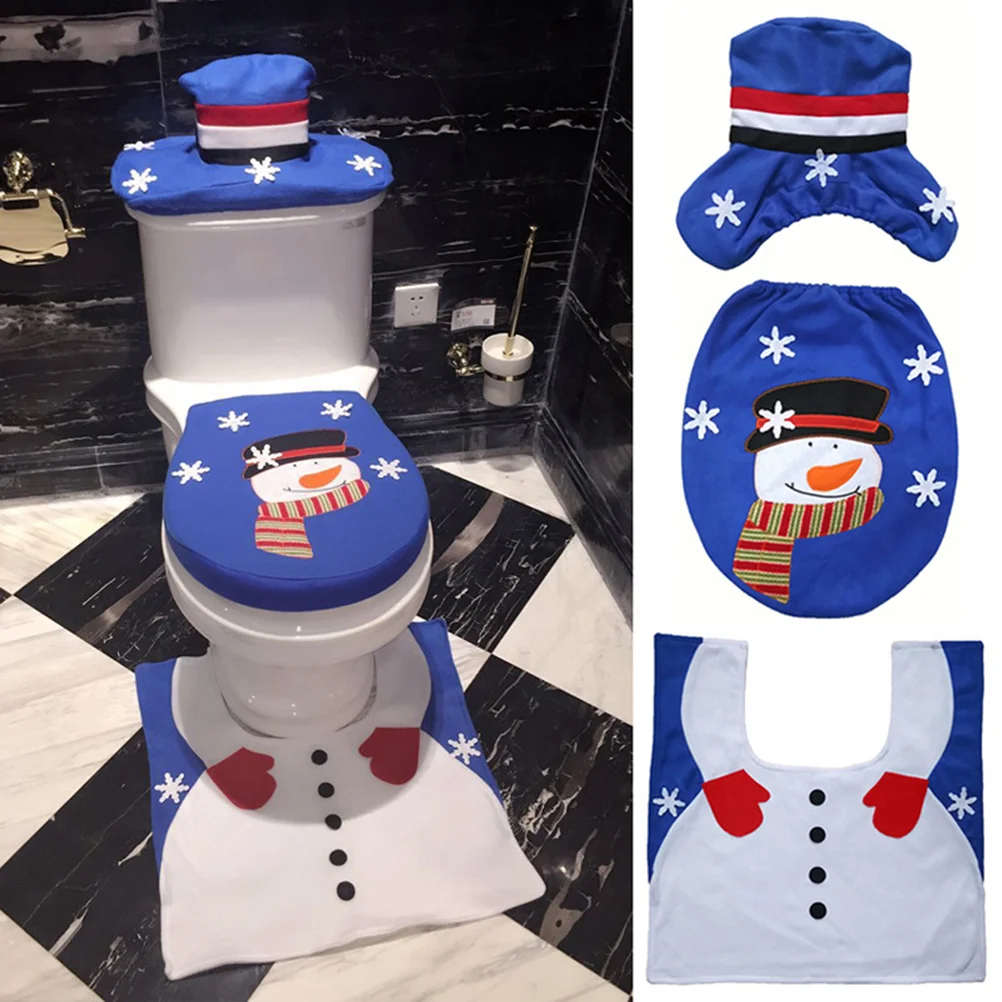 Three Pieces Christmas Themed Bathroom Mat Set Non-slip Bath Bathtub Rug Carpet Toilet Seat Lid Cover with Tissue Box Cover (Sno