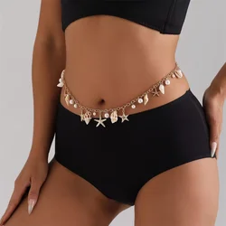 Fashion Natural Shell Conch Sea Star Imitation Pearl tassel Pendant Waist For Women Retro Sexy Gold-plated Body Chain Jewelry
