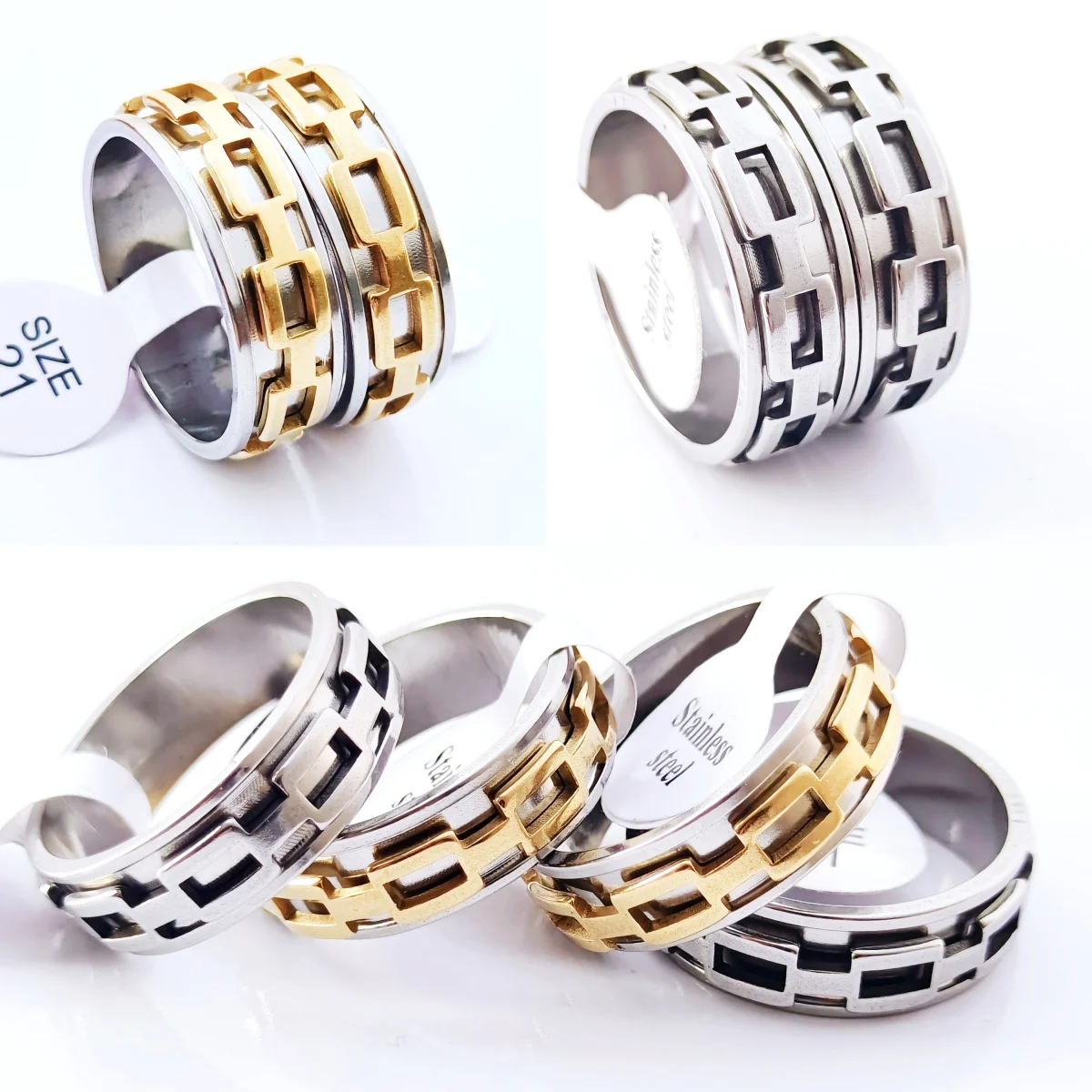 20Pcs/Lot Wholesale Stainless Steel Ring For Men Turnable Hollow Lock Chain Steel Colour Golden Wedding Jewellery Gift