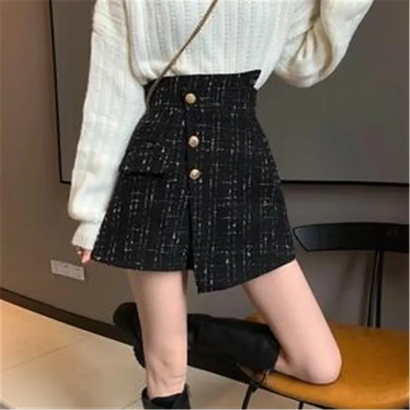 Autumn Winter 2024 Classic Woolen Style Plaid A- Line Sexy Mini Shorts Women 2XL Elegant Irregular High Waist Shorts Skirt Women