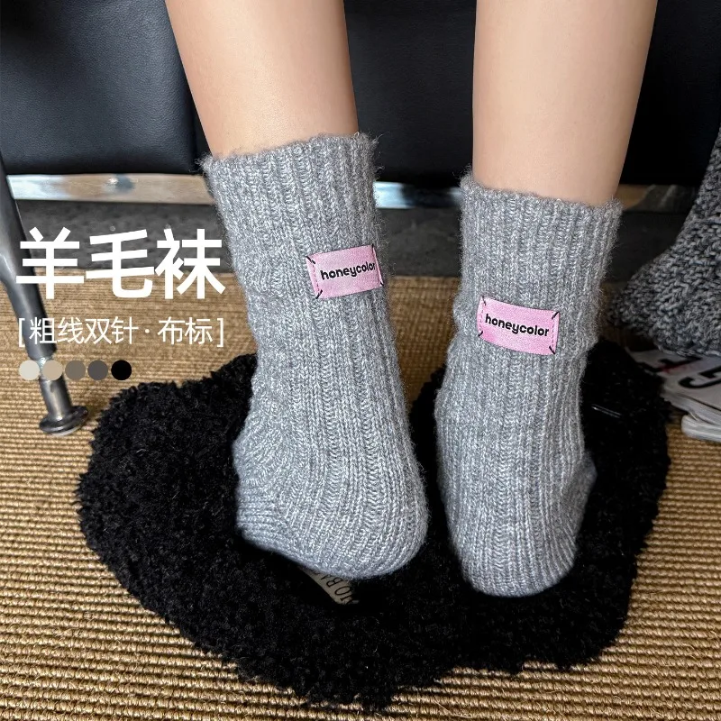 

Шерстяные носки до середины икры для школьниц, массивные вязаные штабелируемые носки с двойной иглой, однотонные теплые носки-ботинки, модные повседневные носки