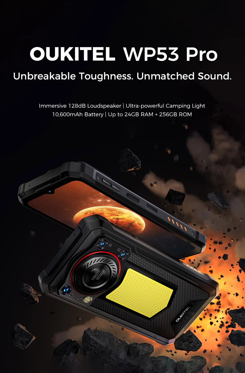 OUKITEL WP53 PRO Rugged Smartphone 50MP 24GB(8+16) 256GB 11000mAh Android 15 Camping Light loudspeaker 6.52" NFC Cell Phone